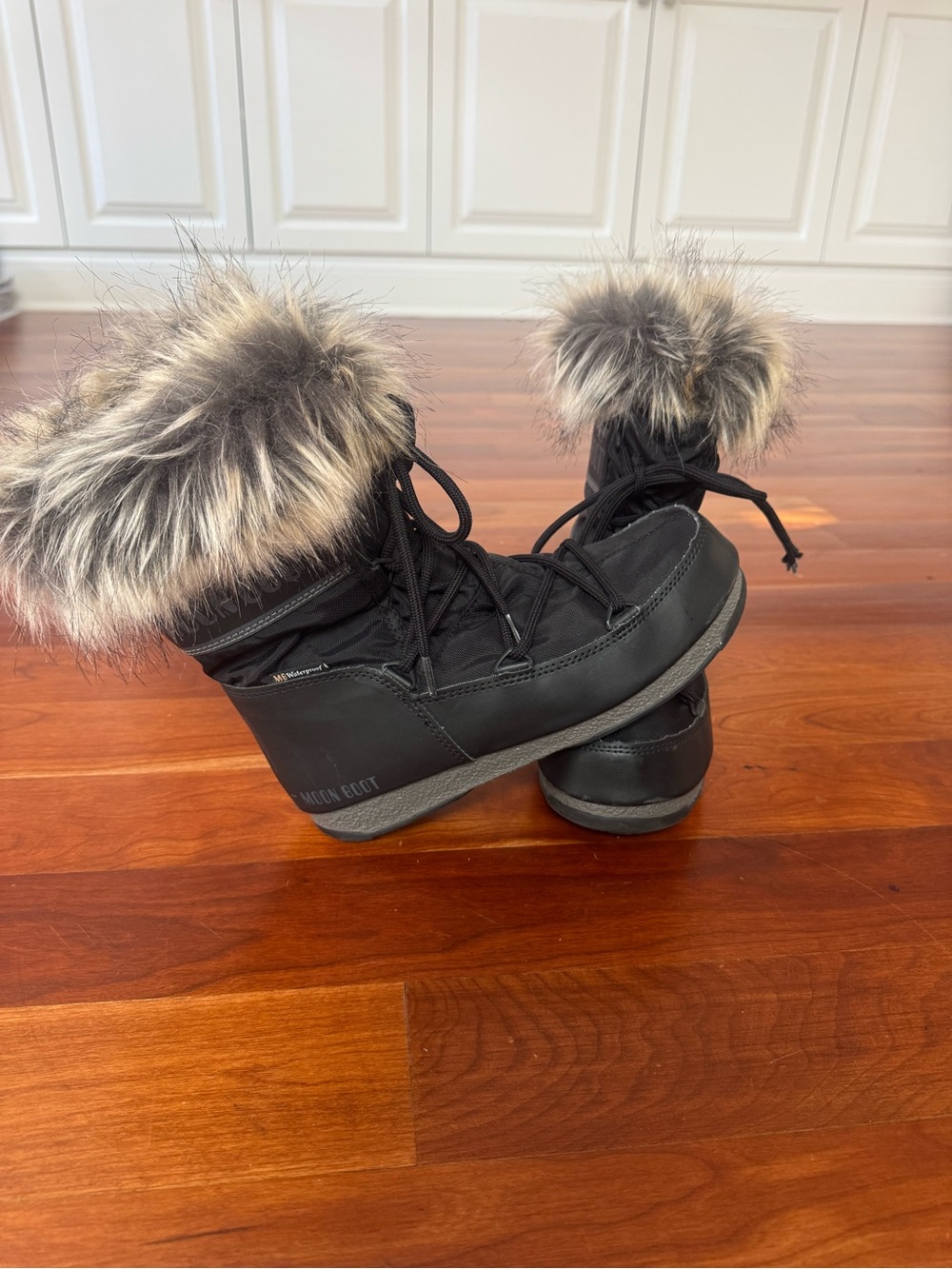 Moon Boot "Monaco" Black Faux-Fur Trim Winter Boots, Size EU 37